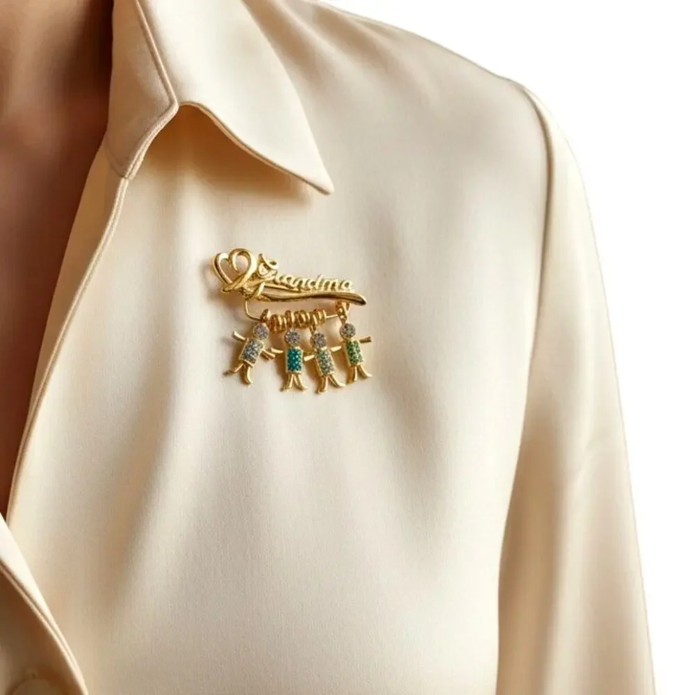 Grandma Charm Holder Pin Brooch 4 Boy Charms K.I.S. Gold Tone 80s